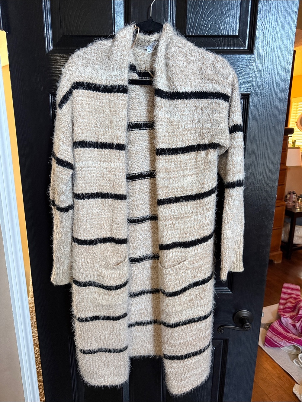 HYFVE Cream and Black Striped Open-Front Cardigan
